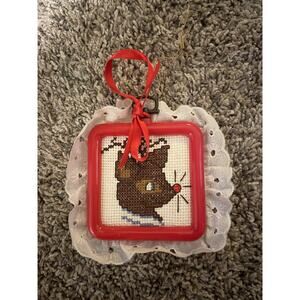 Vintage Red Nosed Reindeer Cross Stitch Ornament Framed Christmas Decor